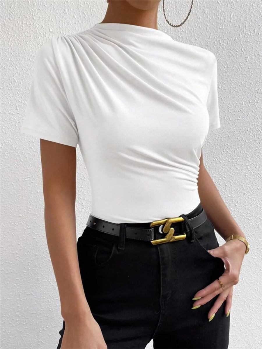 White ruched mock neck t-shirt with short sleeves and draped detailing.