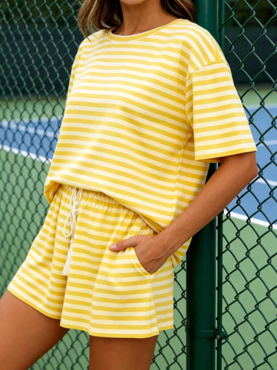 Casual striped tee and drawstring shorts ensemble in Yellow