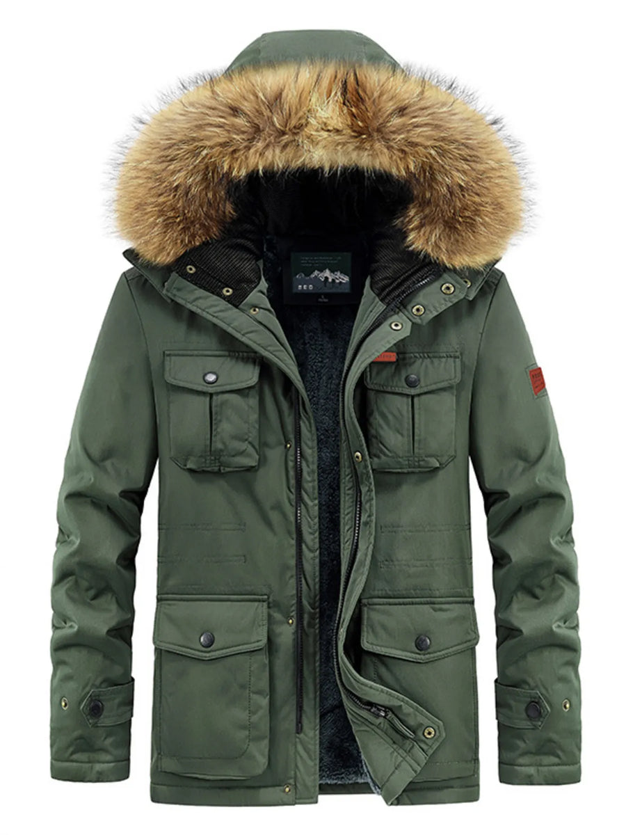Green parka with fur hood, multiple utility pockets, and fleece lining for men.
