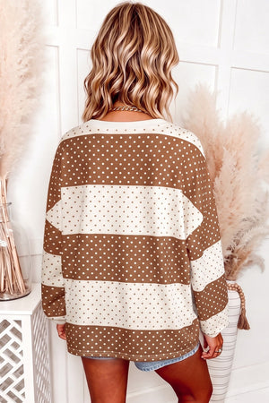 cream long sleeve top featuring stretchy and polka dot, color-block