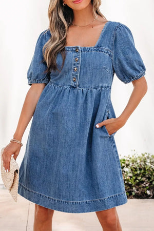 Denim puff sleeve square neck dress with button front and pockets
