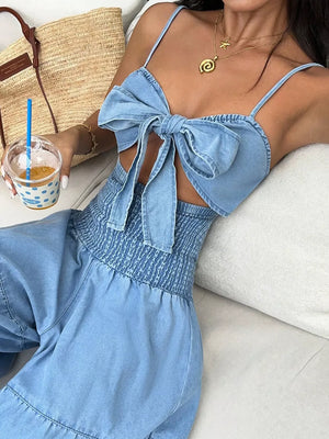 Blue jumpsuit with full-length and tie