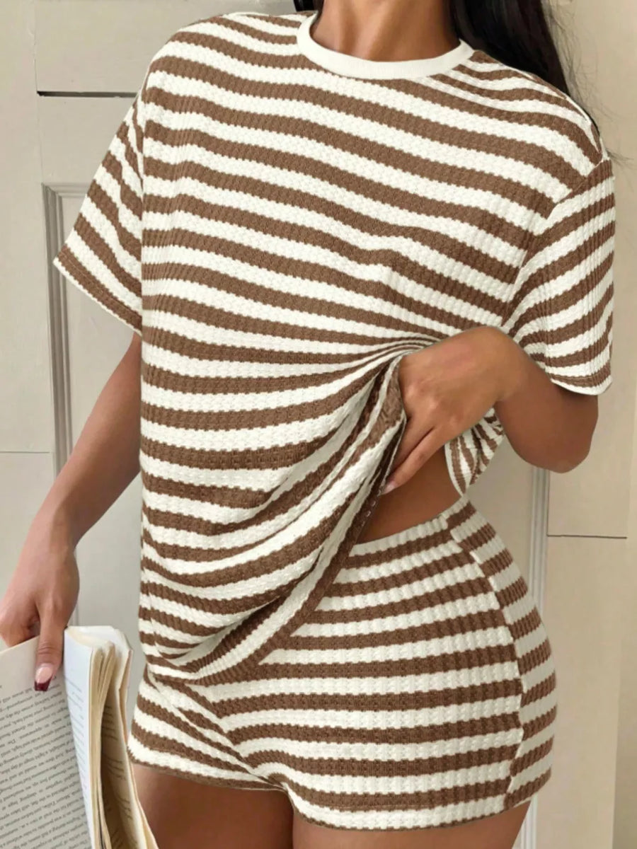 Brown and white striped waffle knit loungewear set with crew neck top and shorts.