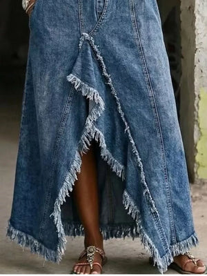 95%cotton,5%spandex Care instructions: Machine wash cold maxi dress in medium wash denim blue with A-line silhouette