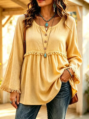 Mustard blouse with hip-length and half-button