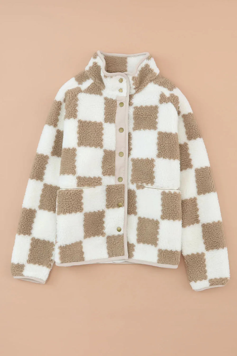 Teddy checkered utility jacket in Dust Storm with fuzzy texture and snap button closure.