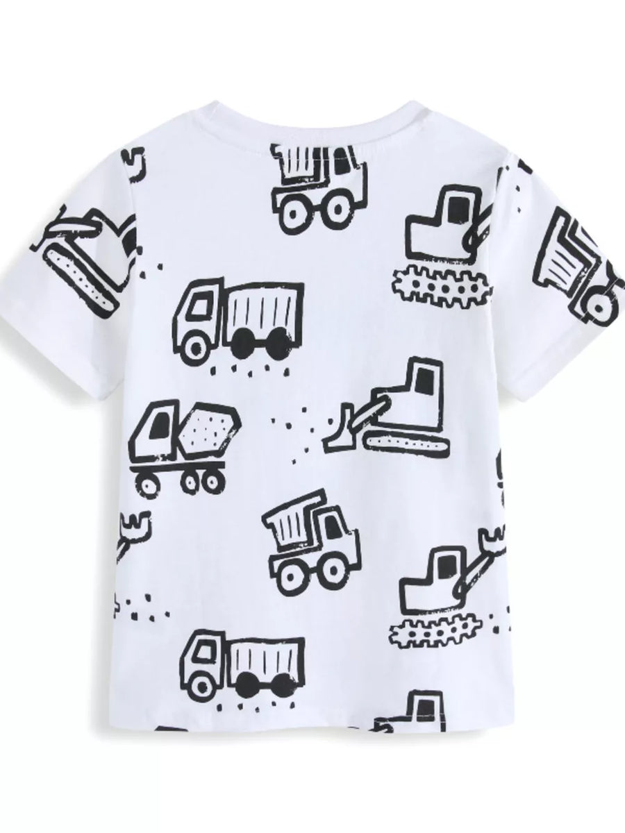 White cotton kids' t-shirt with black construction vehicle print.