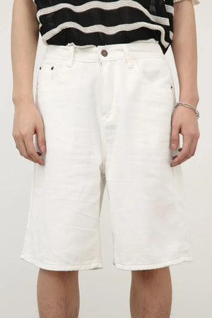 White textured denim Bermuda shorts with a casual fit.