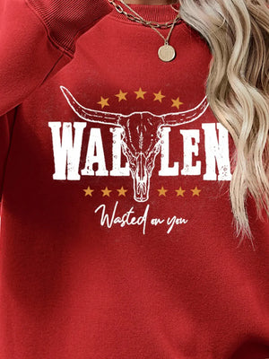 Deep Red graphic sweatshirt with bull skull and Western text.