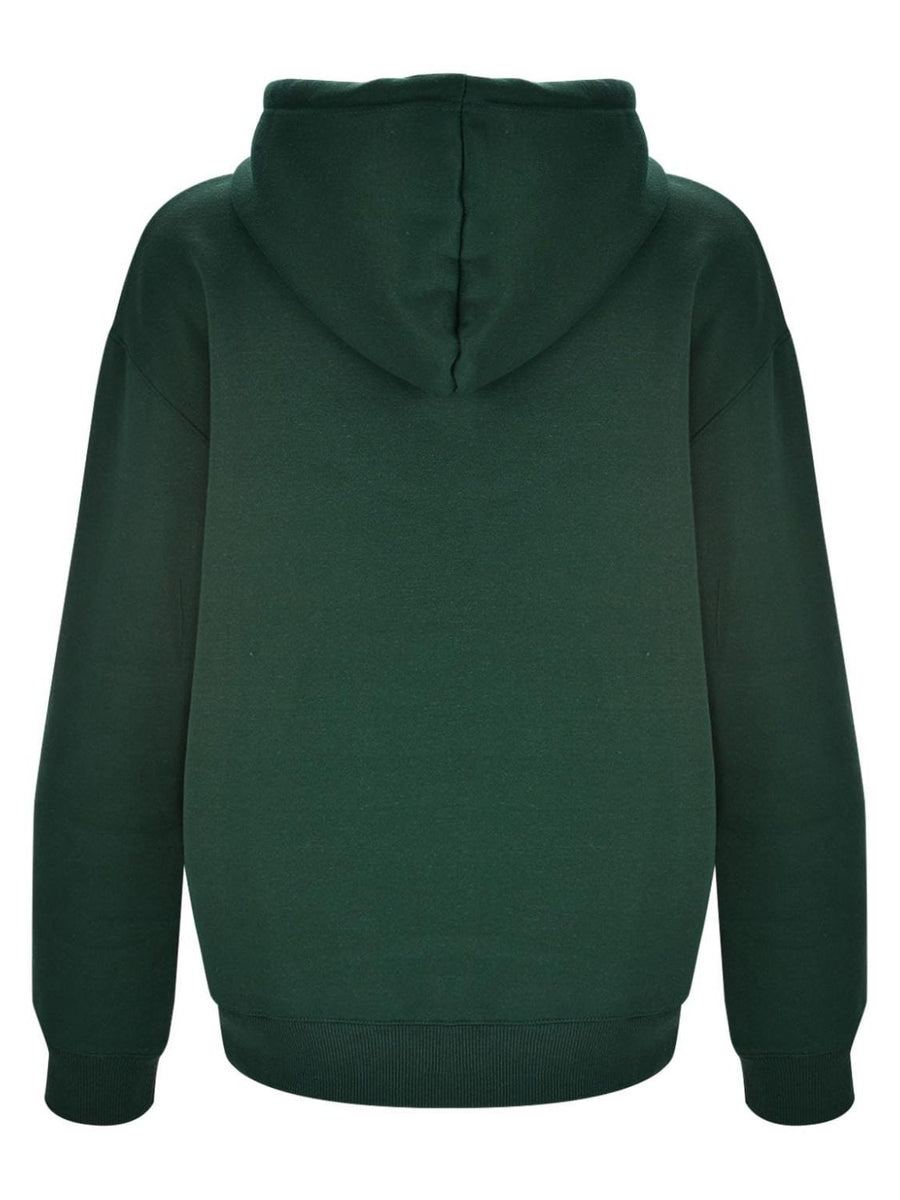 Dark green hoodie with hood and ribbed cuffs and hem.