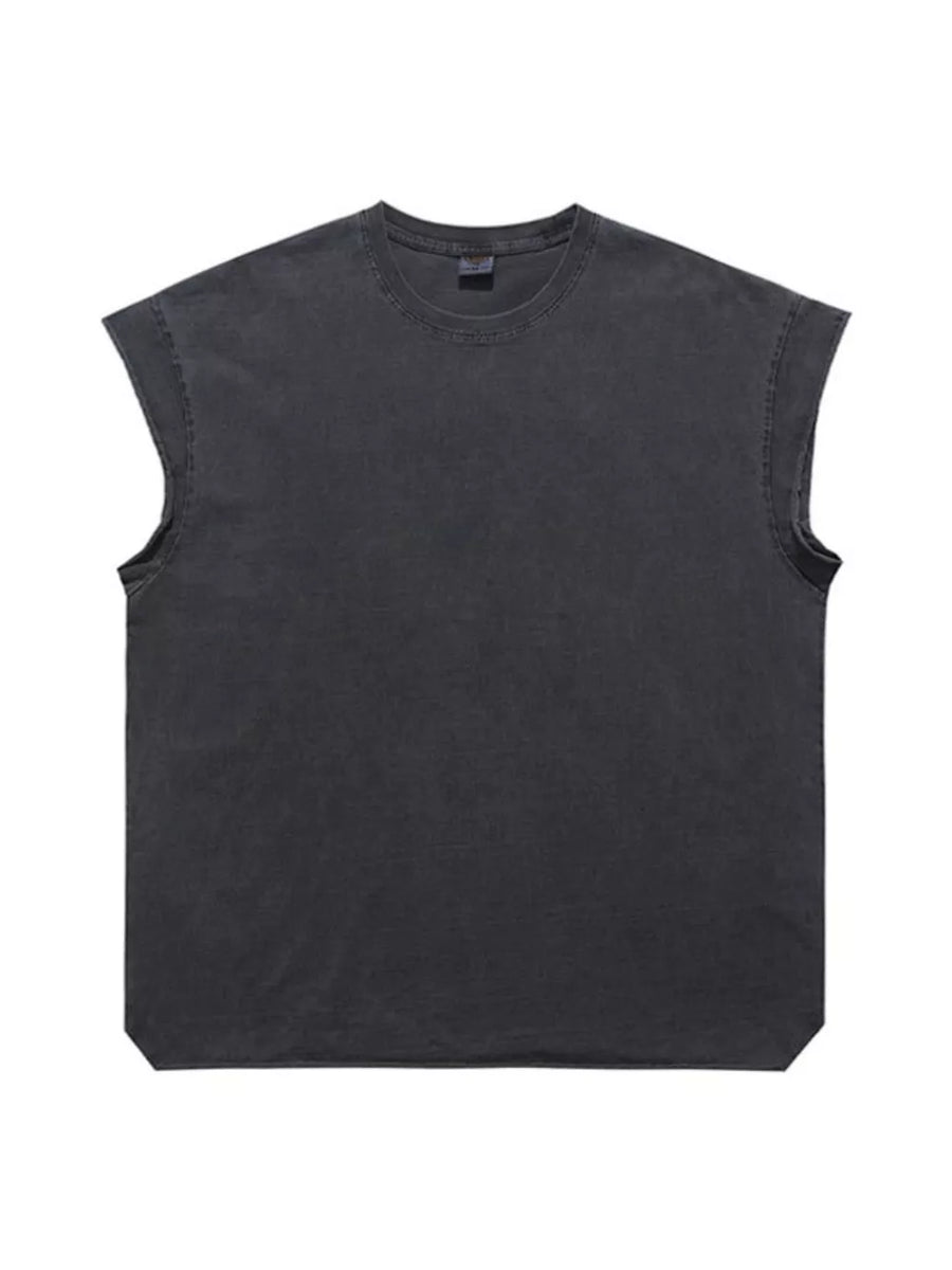 Distressed relaxed fit men's tank top in dark gray cotton blend with raw hem sleeves.