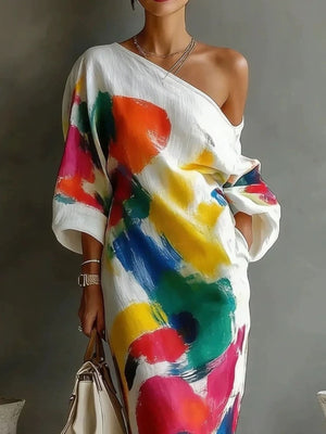 fuchsia maxi dress featuring one-shoulder and abstract