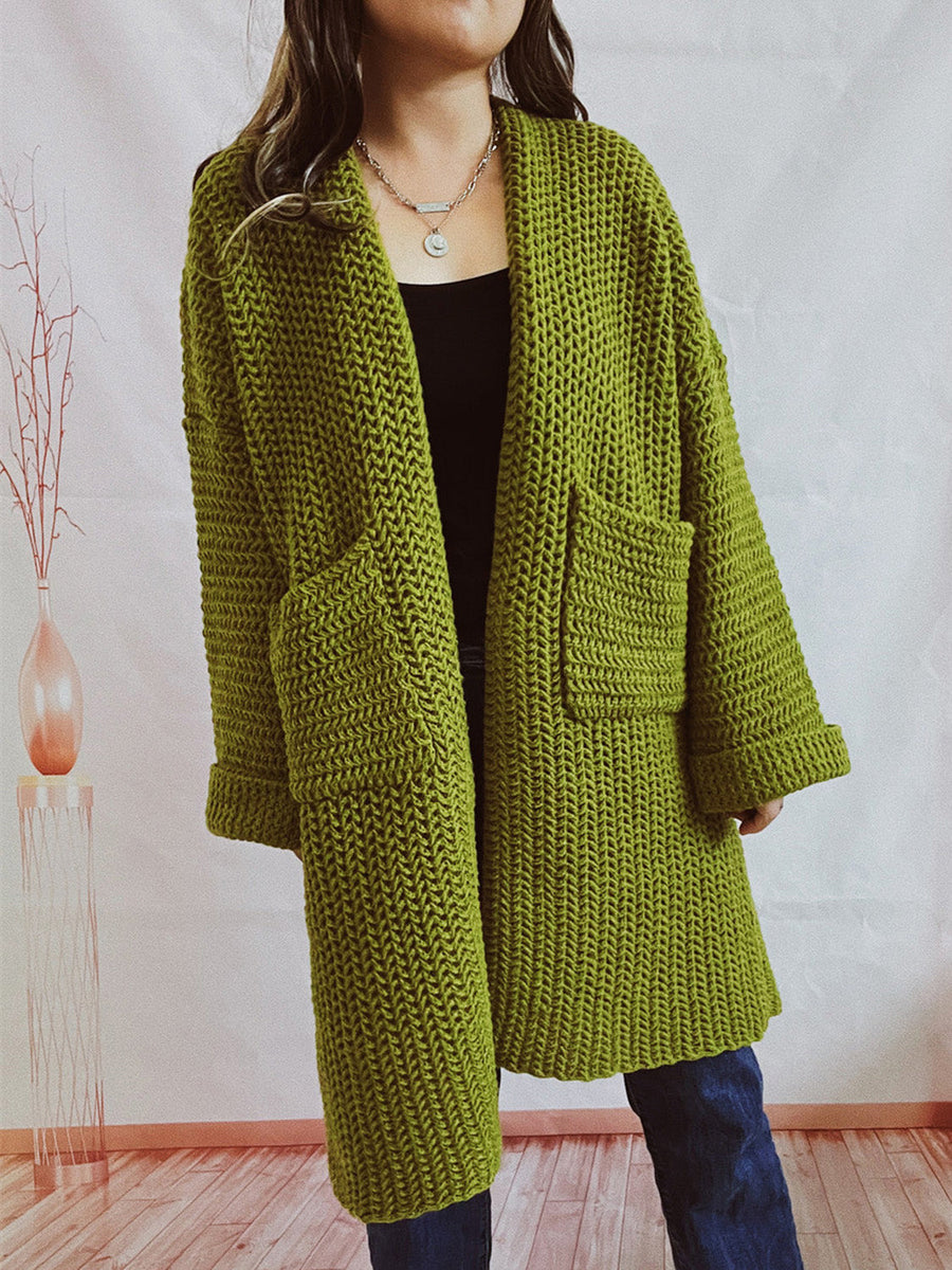Chunky knit cocoon cardigan coat in Moss with pockets and rolled cuffs.