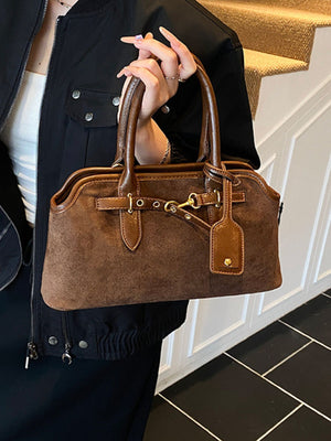 Vintage Buckle Detail Suede Handbag Tote Bag in Yellow with buckle detail
