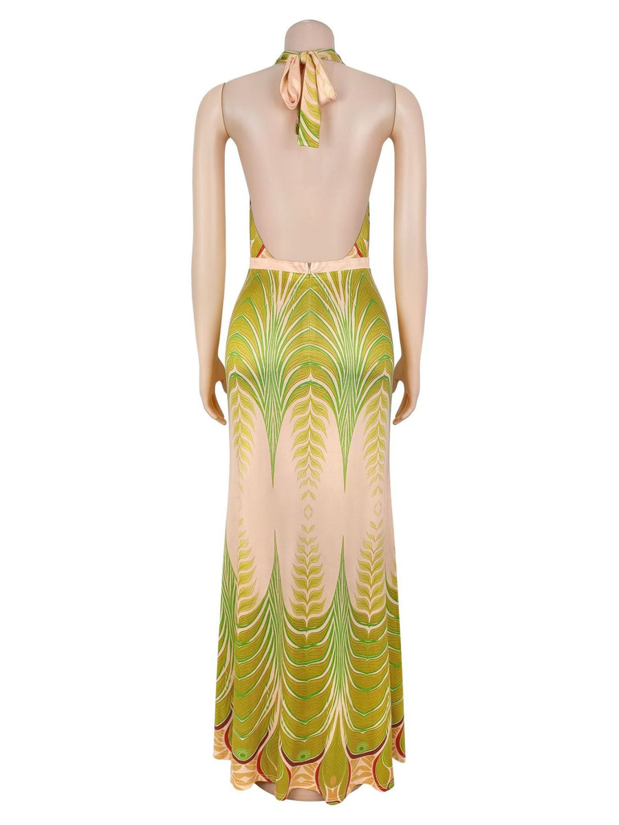 maxi dress featuring leaf-print in Yellow-Green with 100% polyester Care instructions: Machine wash cold texture
