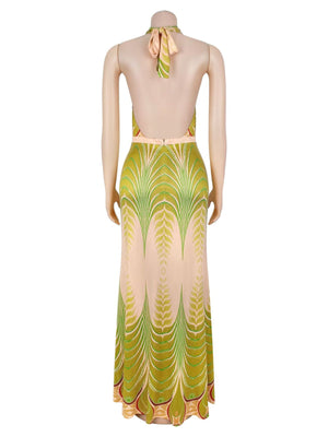 maxi dress featuring leaf-print in Yellow-Green with 100% polyester Care instructions: Machine wash cold texture