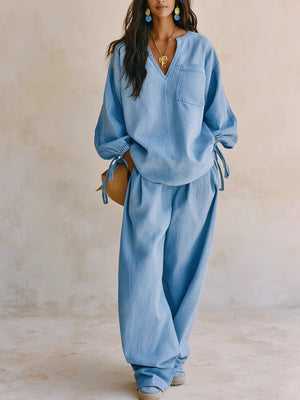 lounge set in light blue featuring drawstring sleeve and relaxed fit