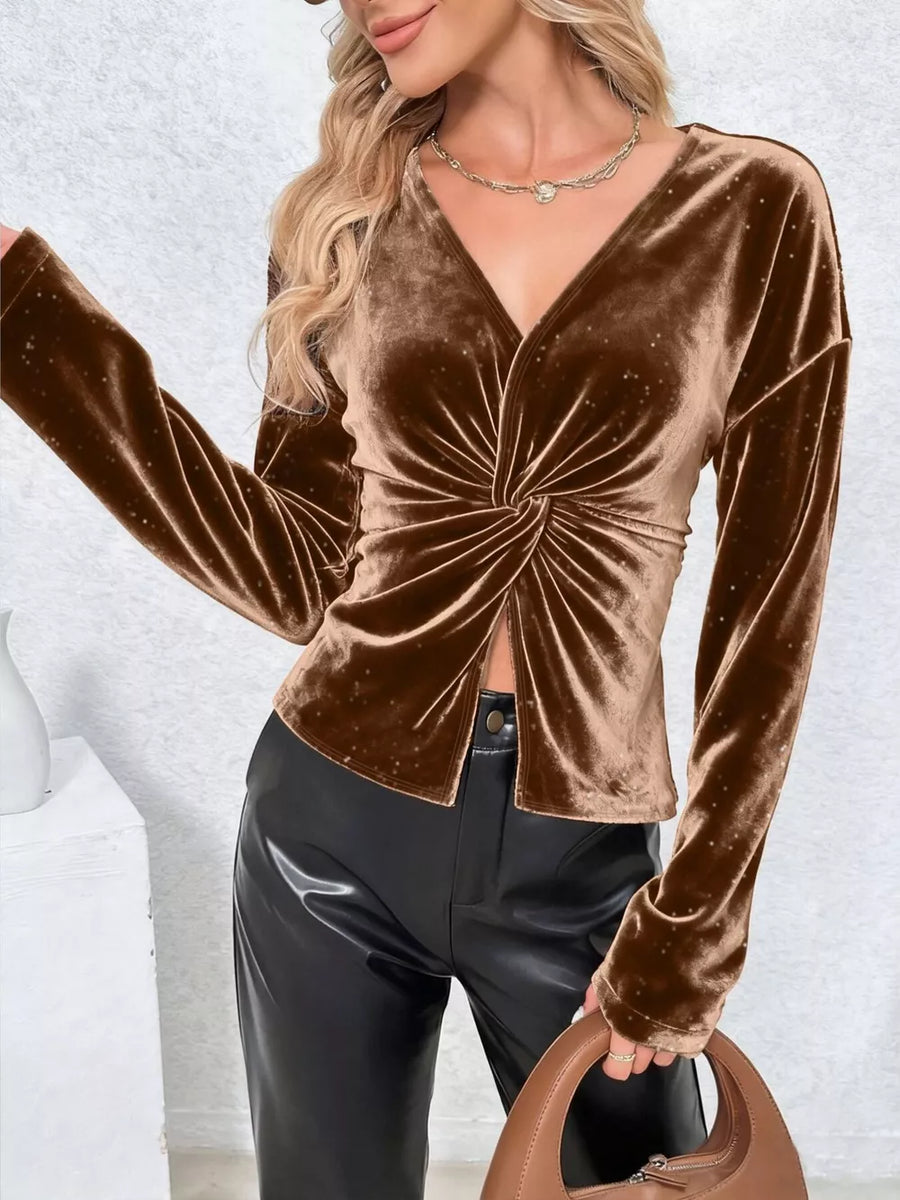 Brown velvet tunic with twisted front and long sleeves