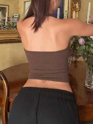 Ribbed brown halter tank top with scoop neck, shown from the back.