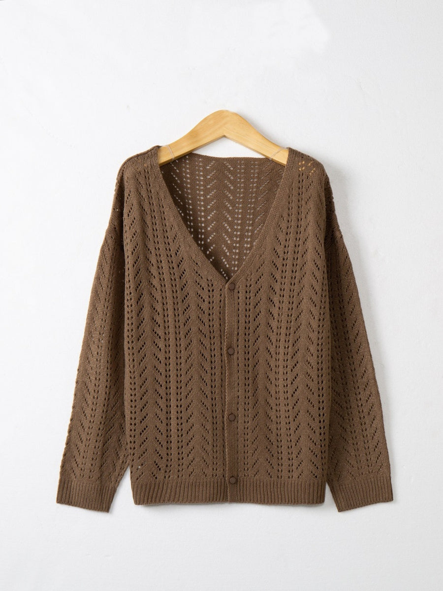 Brown chevron knit lightweight cardigan with button-down front and V-neck.