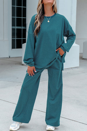 teal lounge set with striped and crew neck
