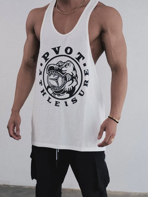 White graphic muscle tank with racerback and dinosaur logo