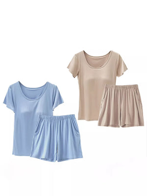 Two-piece pajama set with scoop neck tees and drawstring shorts in light blue and khaki.