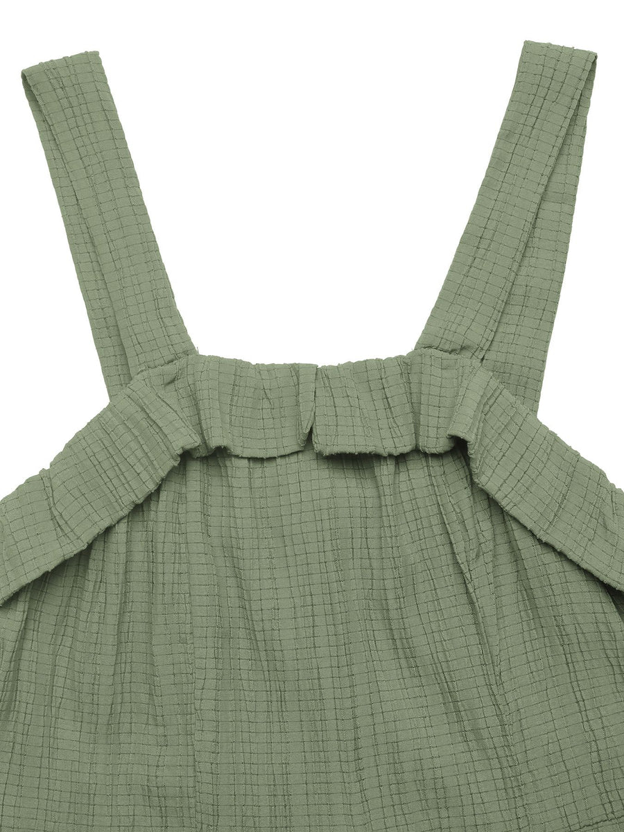Green crinkled texture maternity wide leg jumpsuit with ruffled neckline detail.