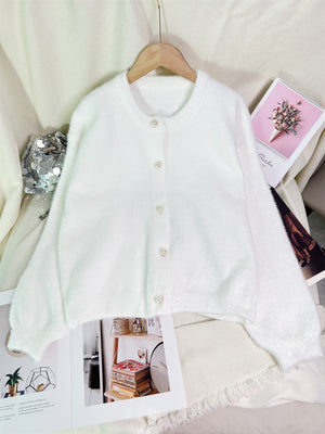 Fuzzy Knit Button Down Cardigan in olive green with buttoned
