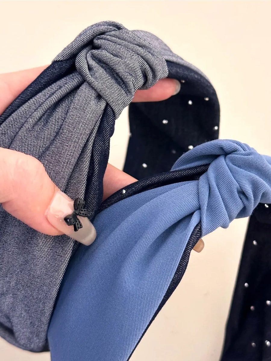 Denim knot headband with crystal detail in medium and dark gray