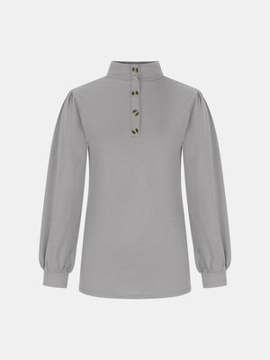 Gray mock neck top with button back and puff sleeves