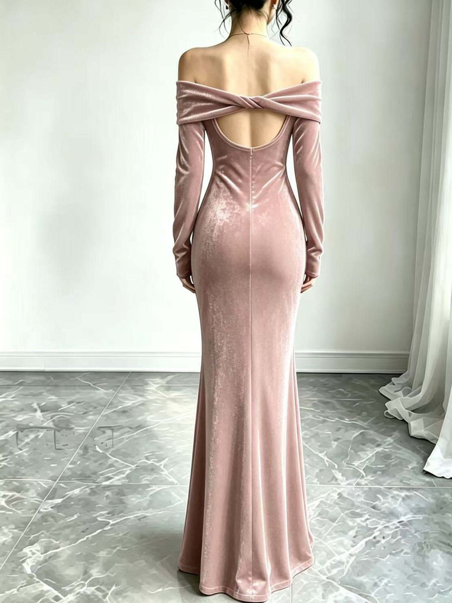 formal gown in burgundy with off-shoulder and maxi