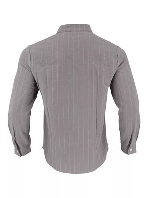 Grey linen-blend striped button-up shirt with band collar and buttoned cuffs.