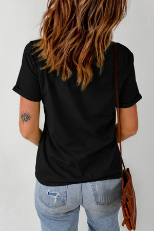 Black crew neck t-shirt with rolled sleeves and embroidered graphic detail on the arm.