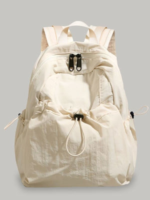 Medium lightweight nylon backpack in off-white with adjustable straps and drawstring details.