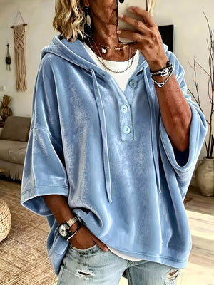 pullover hoodie in sky blue featuring buttoned and relaxed fit