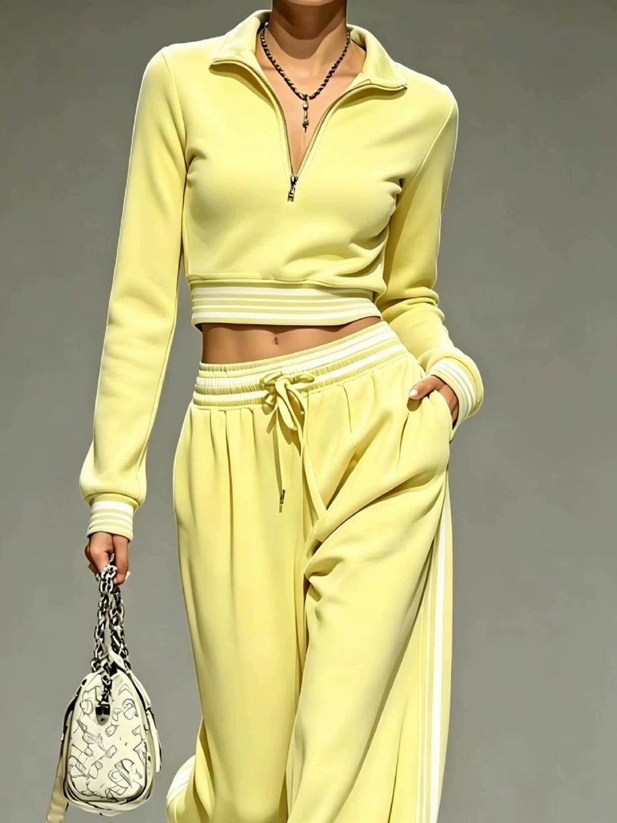 Full Size Half Zip Cropped Top And Pants Set in Light Blue