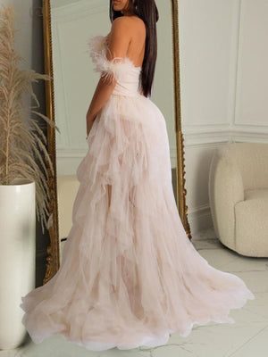White formal gown with floor-length and back-zip