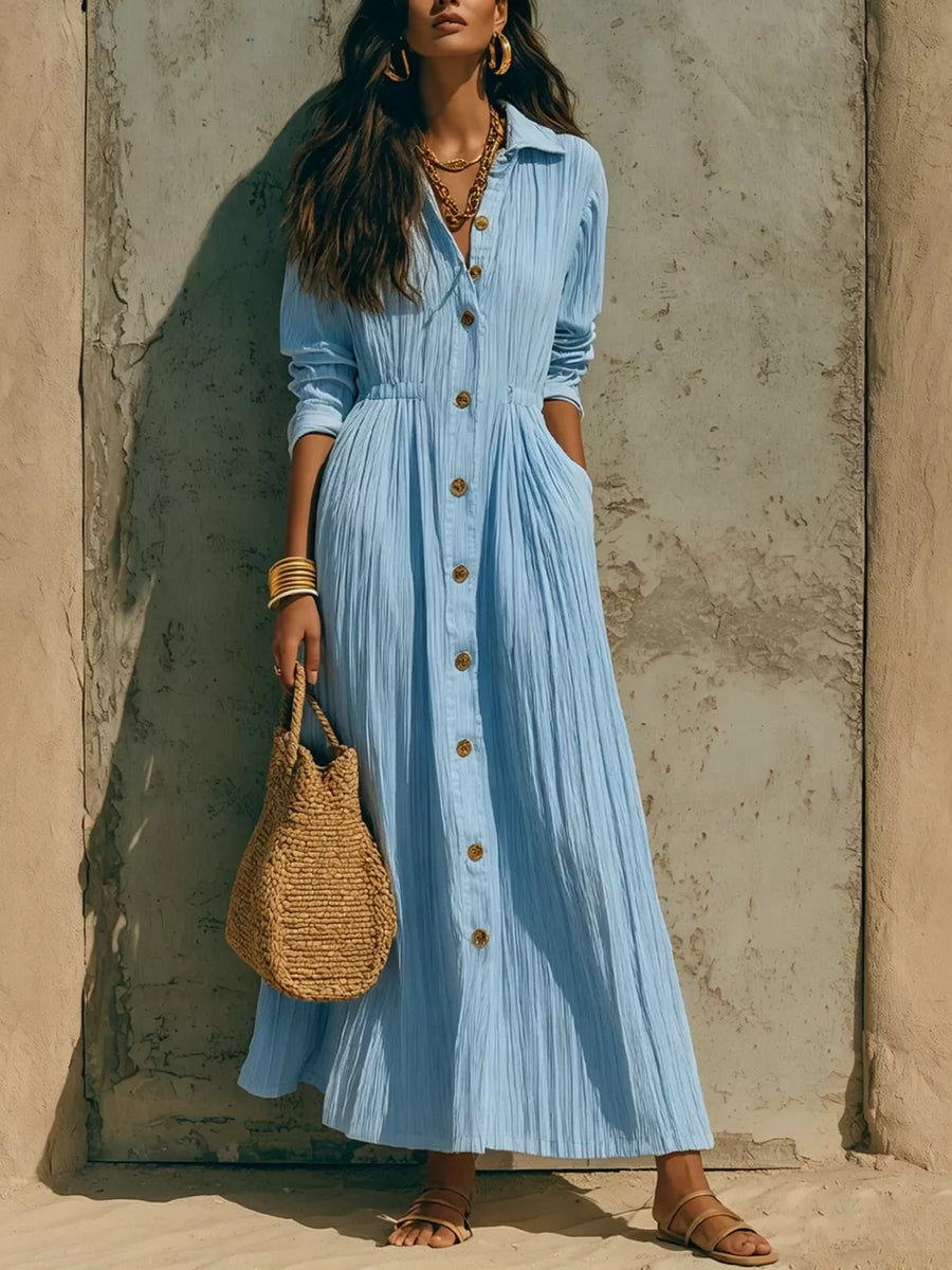 Khaki A-line maxi dress with collared
