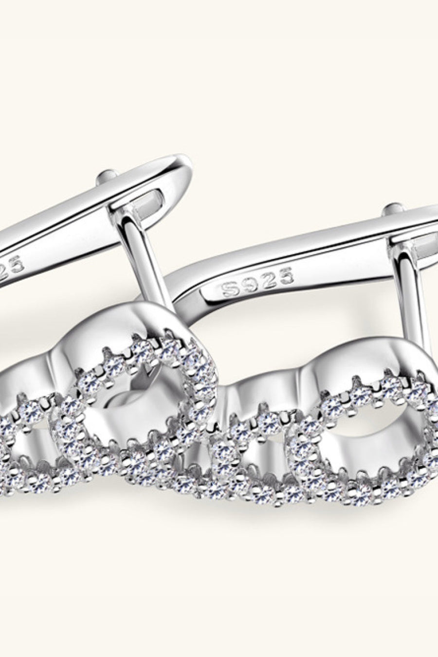 Silver pave hoop earrings with cascading infinity design and S925 stamp