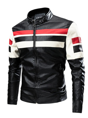 Plus-size black leather moto jacket with red and white stripes on the sleeves and chest.