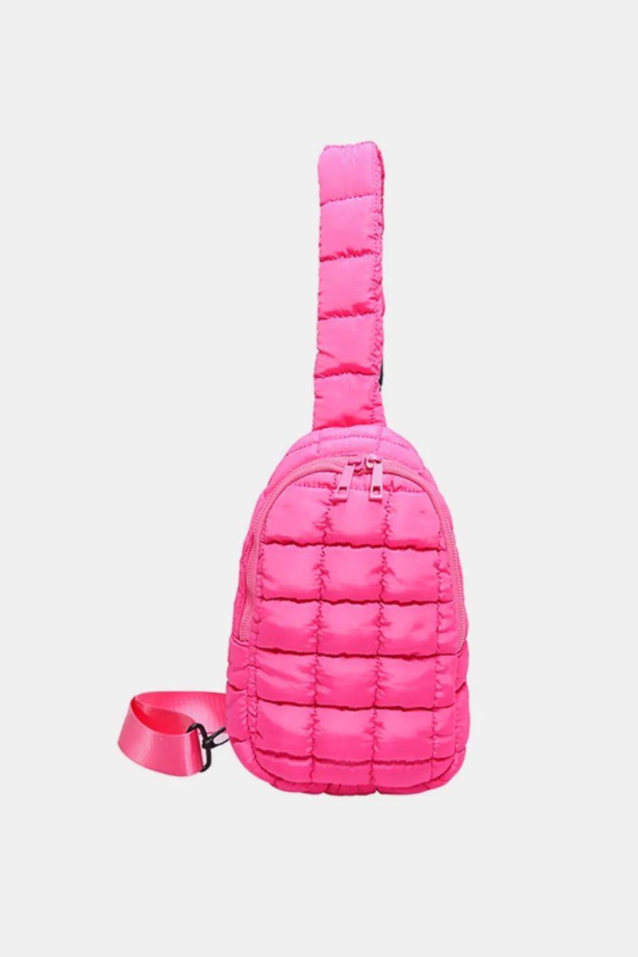 Padded sling bag in hot pink with top handle and adjustable strap