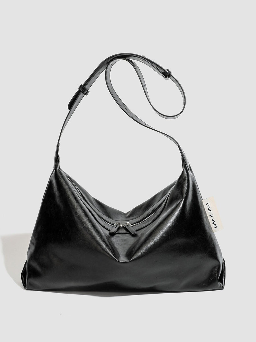 Minimalist Glossy Leather Slouchy Shoulder Bag in Black