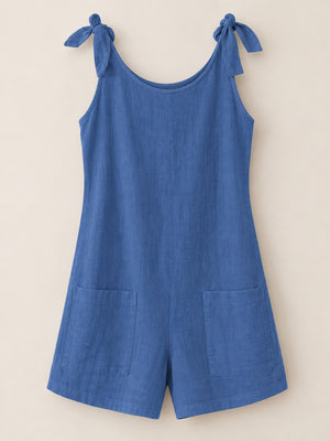 Ramie (70% to less than 80%) blended with spandex romper in Sky Blue with relaxed silhouette