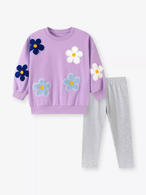 light gray sweatshirt and leggings set featuring applique and floral