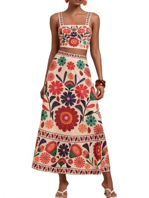 Floral print crop top and maxi skirt set in multicolor with square neckline