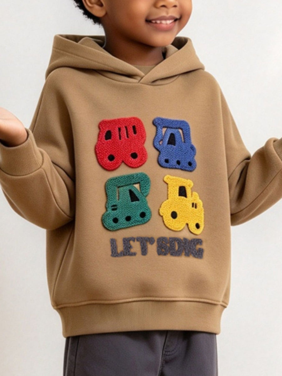 Mustard pullover hoodie featuring chenille patch and applique
