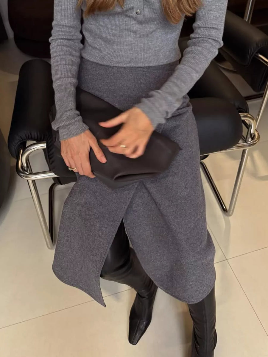Gray wrap skirt with midi and wrap