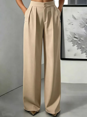 Button-down Pleated Pants in Army Green with high-waisted