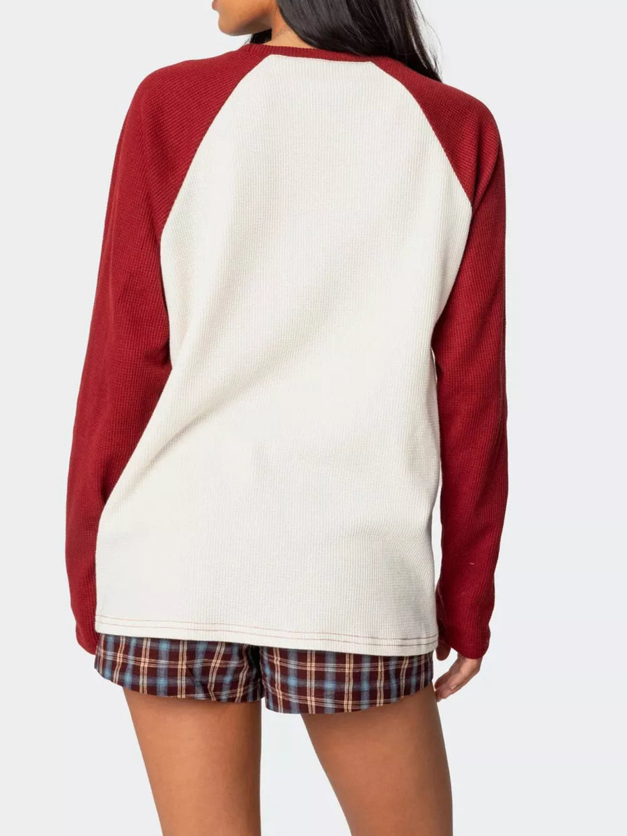 Color-block Raglan Long Sleeve T-shirt in navy blue with stretch